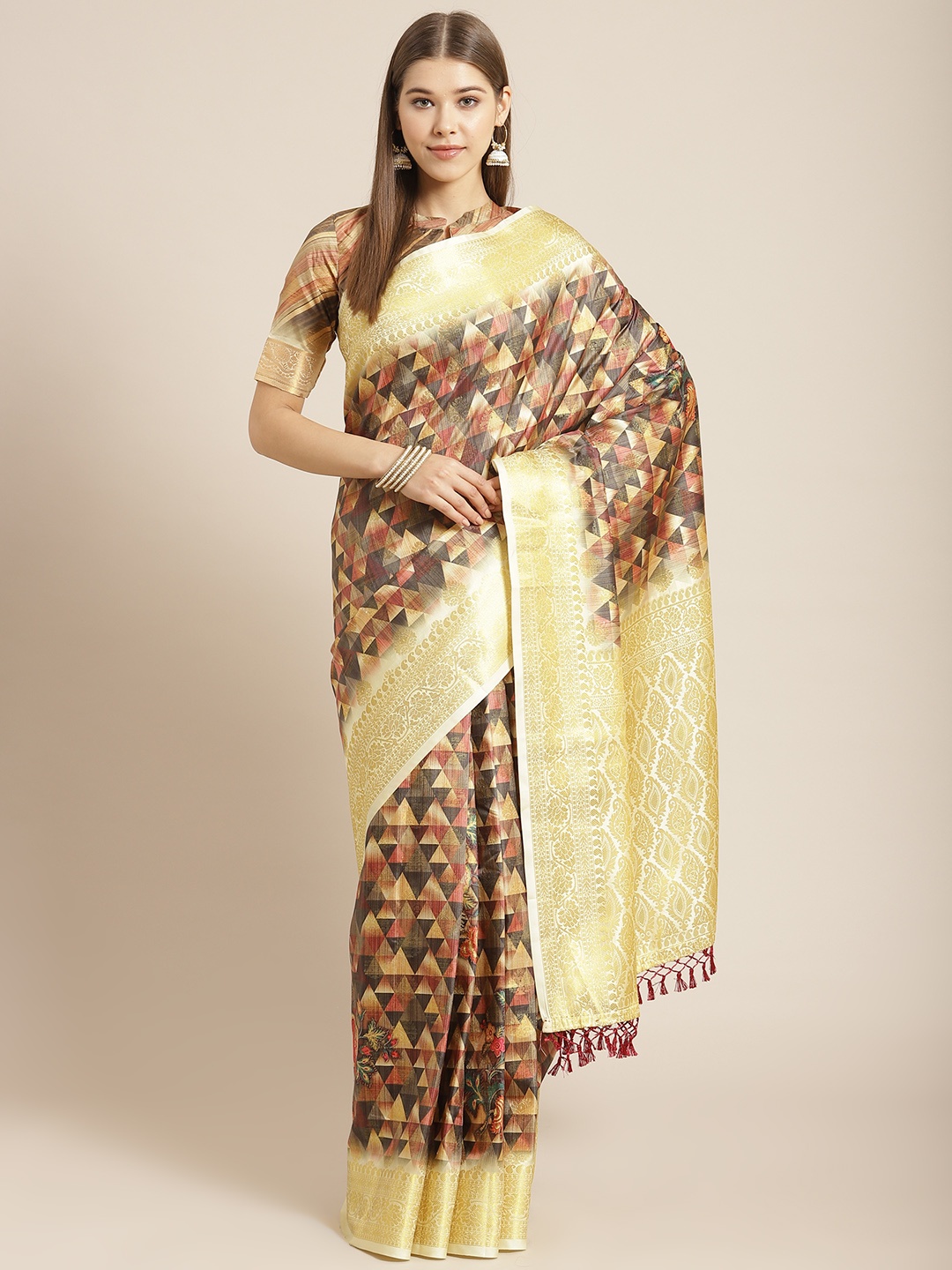 

SHANGRILA Brown Printed Art Silk Banarasi Saree