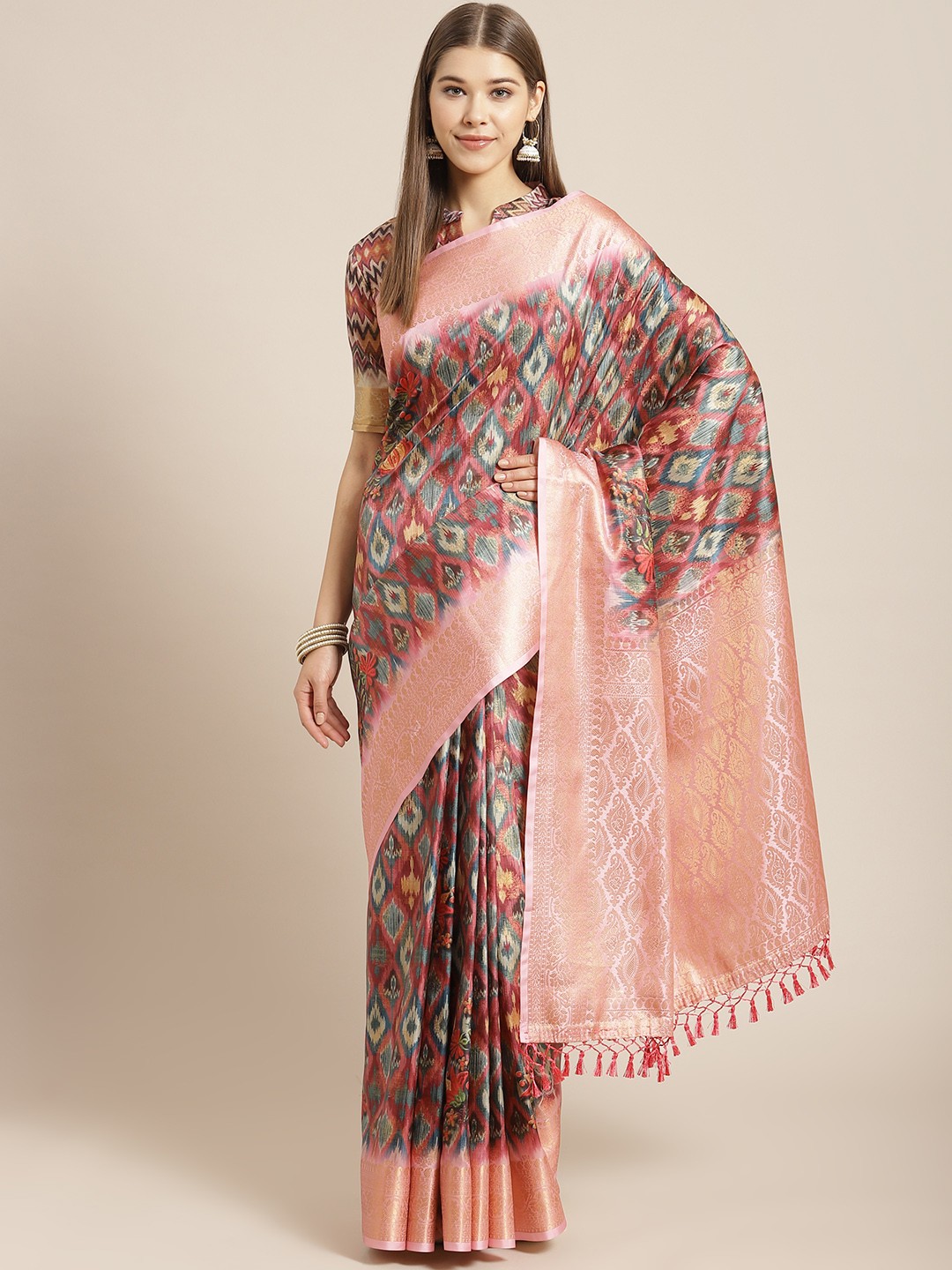 

SHANGRILA Maroon & Teal Blue Digital Print Embroidered Art Silk Celebrity Banarasi Saree