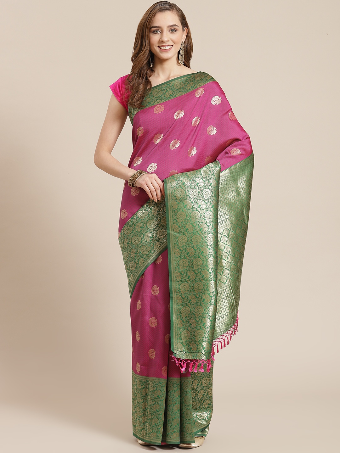 

SHANGRILA Pink & Gold Ethnic Motifs Pure Silk Celebrity Banarasi Saree