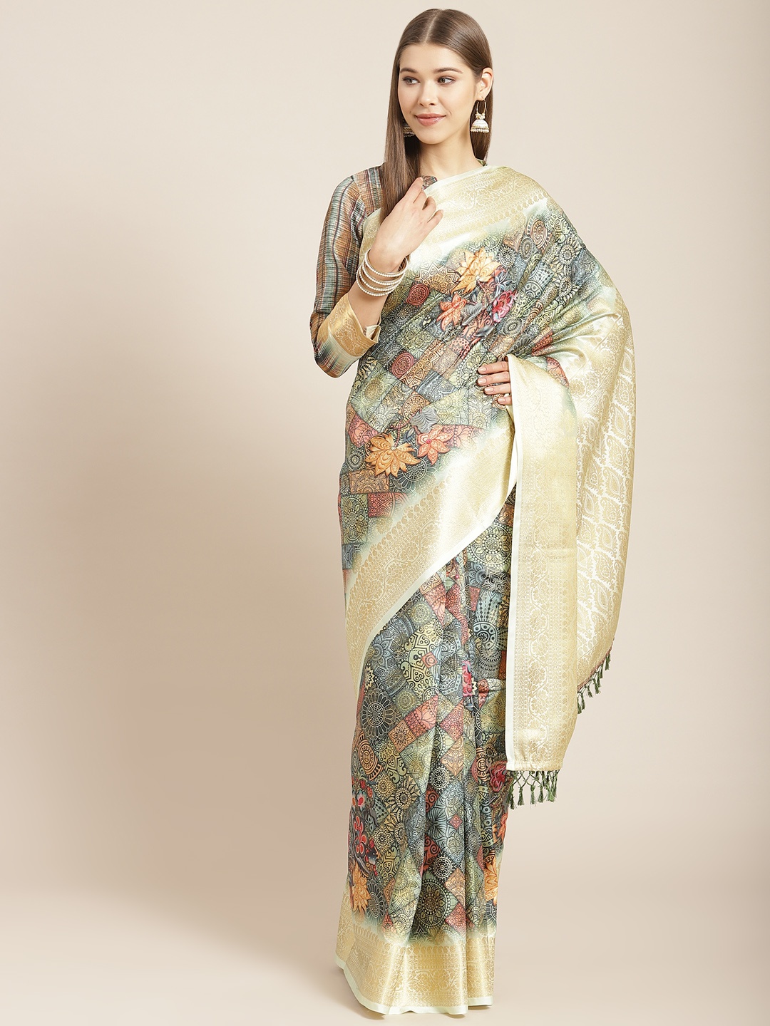 

SHANGRILA Charcoal Grey Printed Art Silk Banarasi Saree