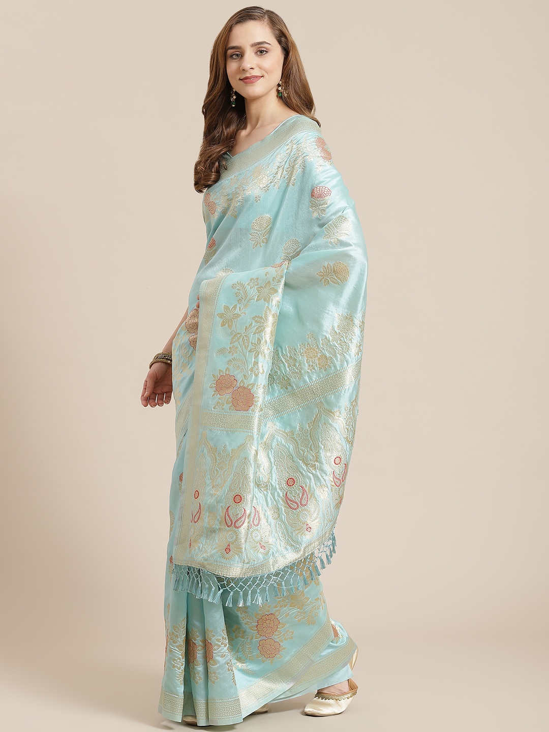

SHANGRILA Blue Floral Cotton Silk Tussar Saree