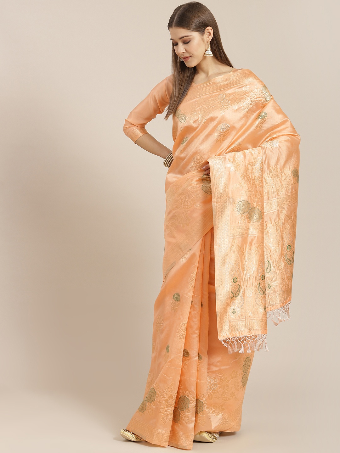 

SHANGRILA Peach-Coloured & Green Floral Kalamkari Celebrity Organza Tussar Saree