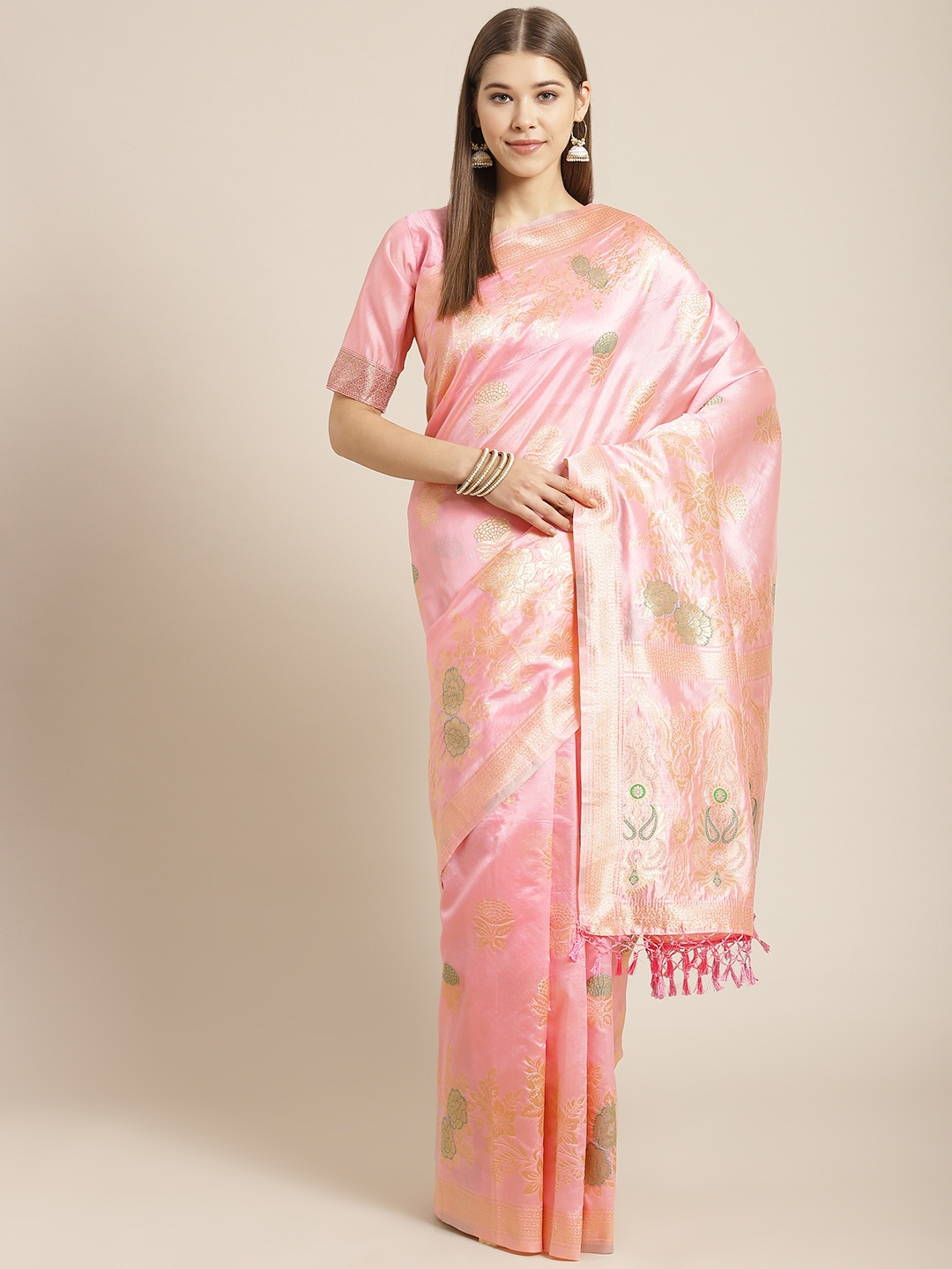 

SHANGRILA Pink & Green Ethnic Motifs Organza Tussar Saree