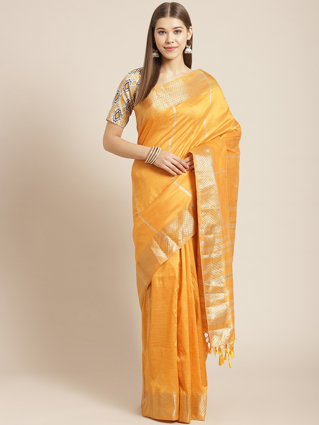 

SHANGRILA Mustard Yellow & Gold Striped Sequinned Celebrity Art Silk Mysore Silk Saree