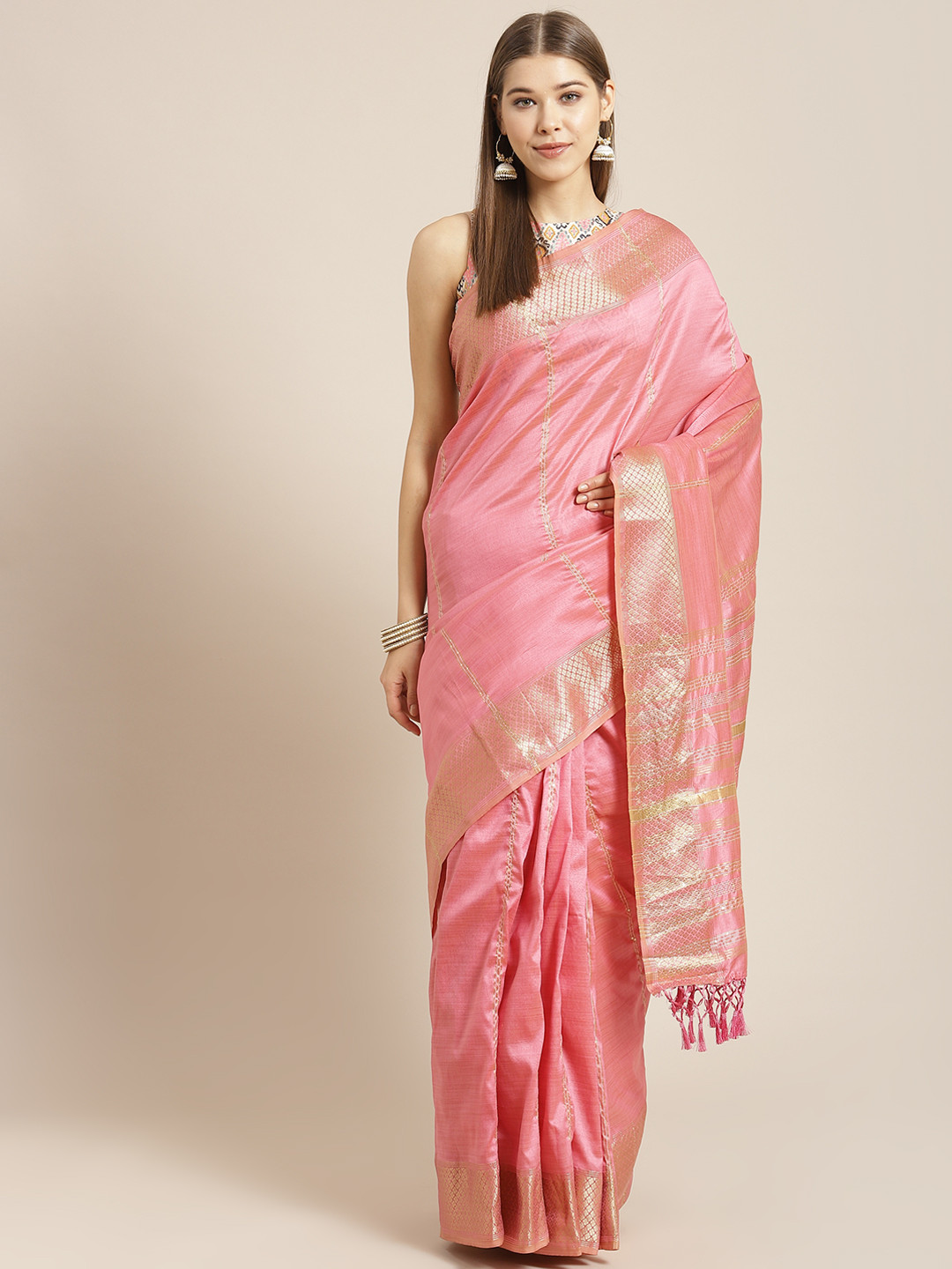 

SHANGRILA Pink & Gold Striped Sequinned Art Silk Mysore Silk Celebrity Saree