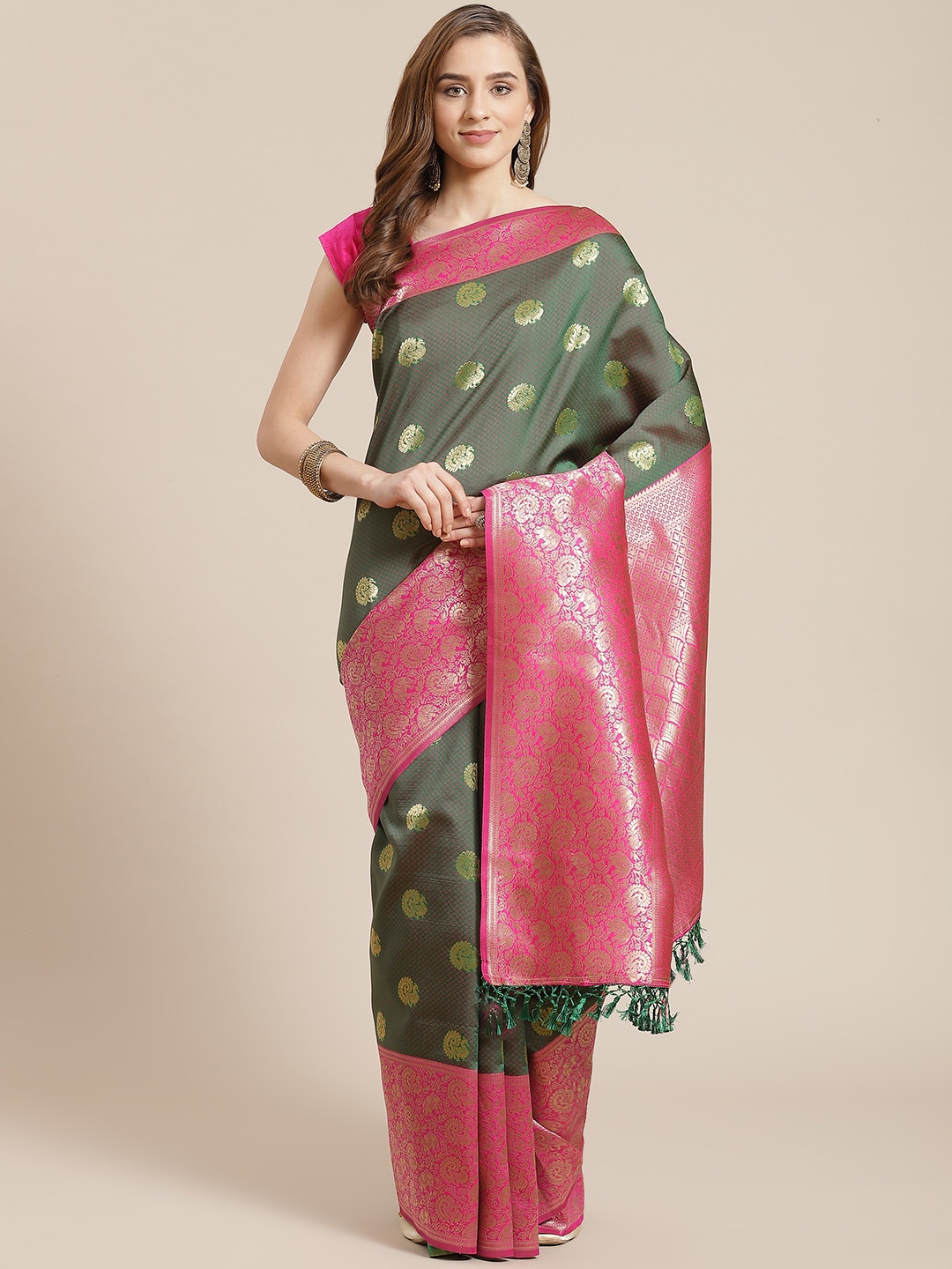 

SHANGRILA Green & Golden Ethnic Woven Design Pure Silk Banarasi Saree