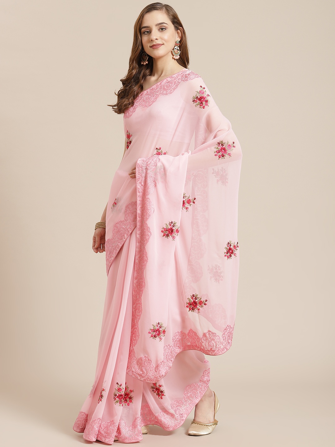 

SHANGRILA Pink Floral Pure Georgette Saree