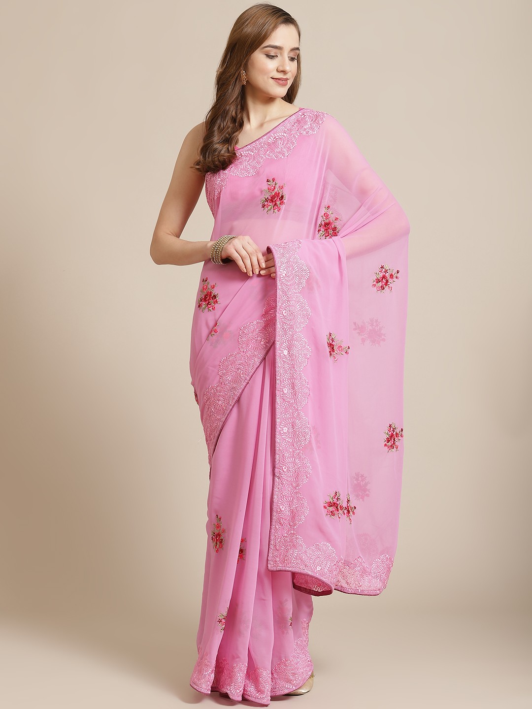 

SHANGRILA Purple Floral Pure Georgette Saree