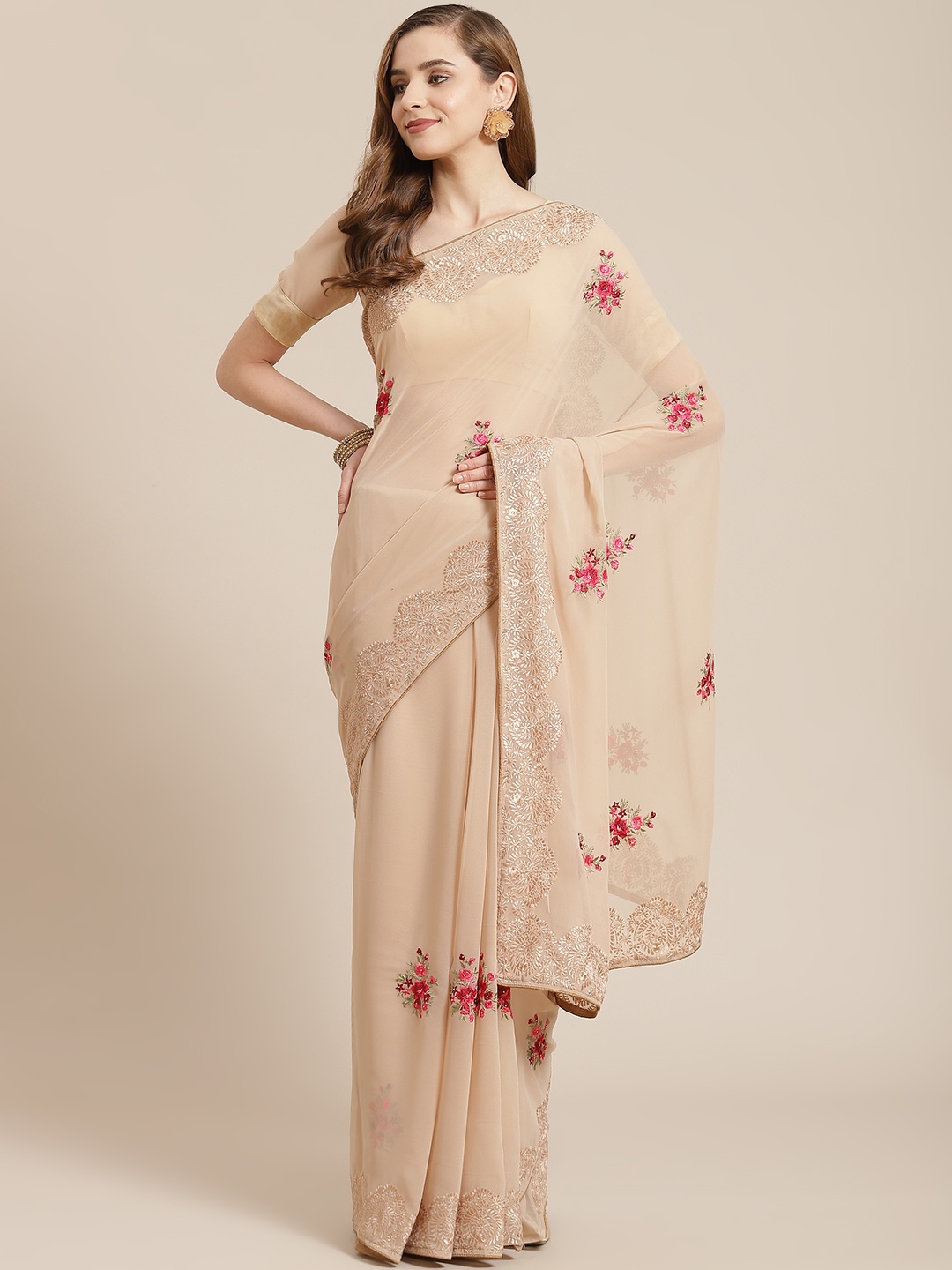 

SHANGRILA Beige Floral Pure Georgette Ready to Wear Saree