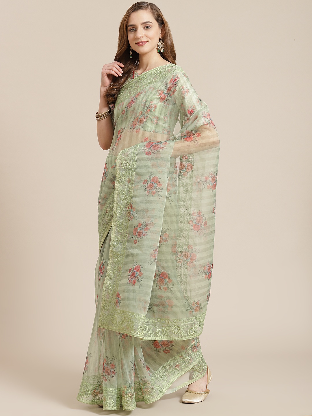 

SHANGRILA Green Floral Print Pure Silk Saree