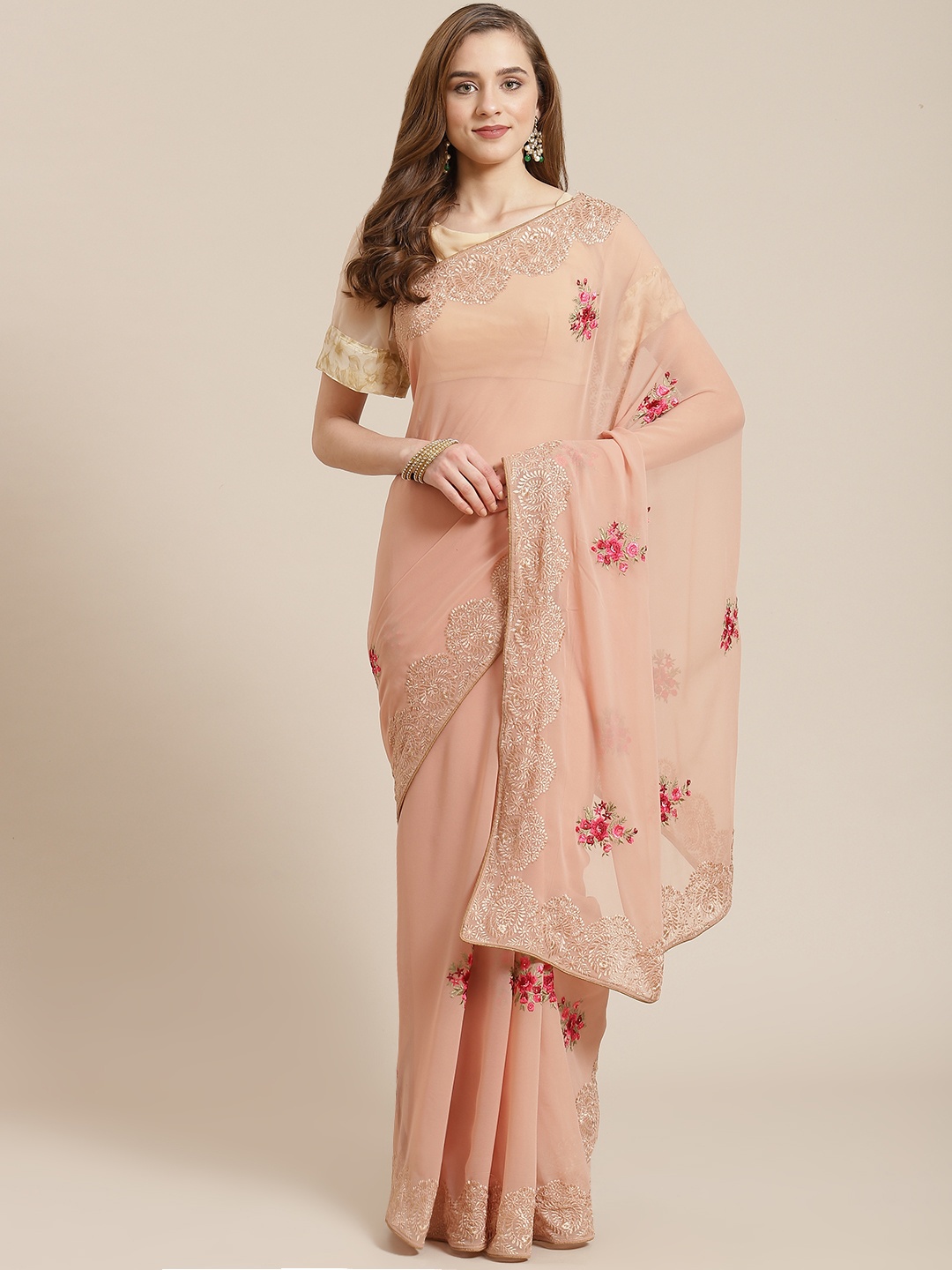 

SHANGRILA Peach-Coloured Floral Embroidered Pure Georgette Saree