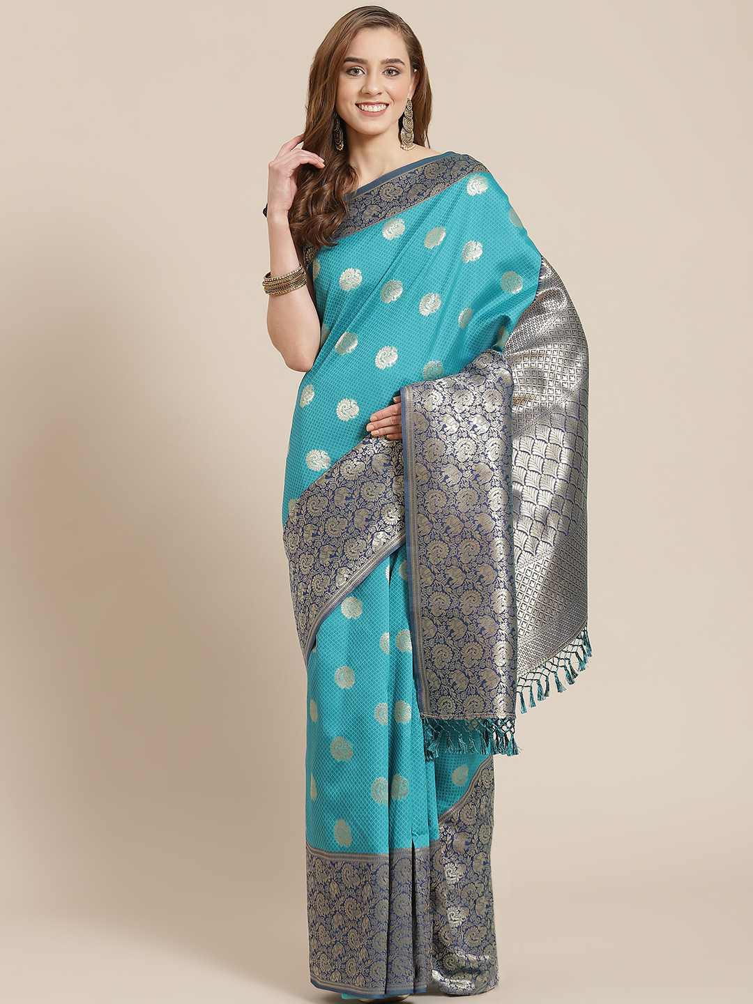 

SHANGRILA Blue & Golden Ethnic Woven Design Pure Silk Banarasi Saree