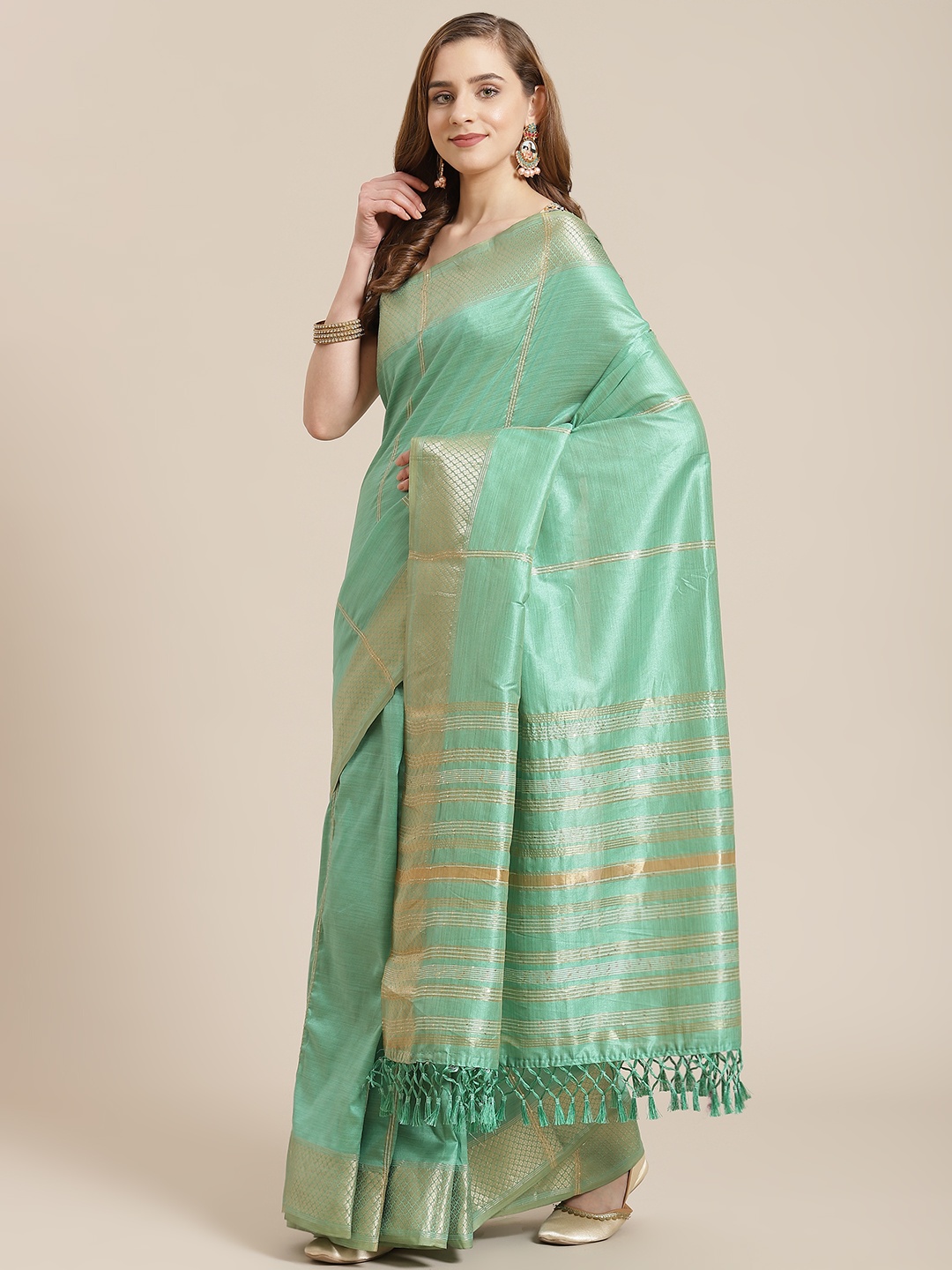 

SHANGRILA Green Checked Mysore Silk Saree