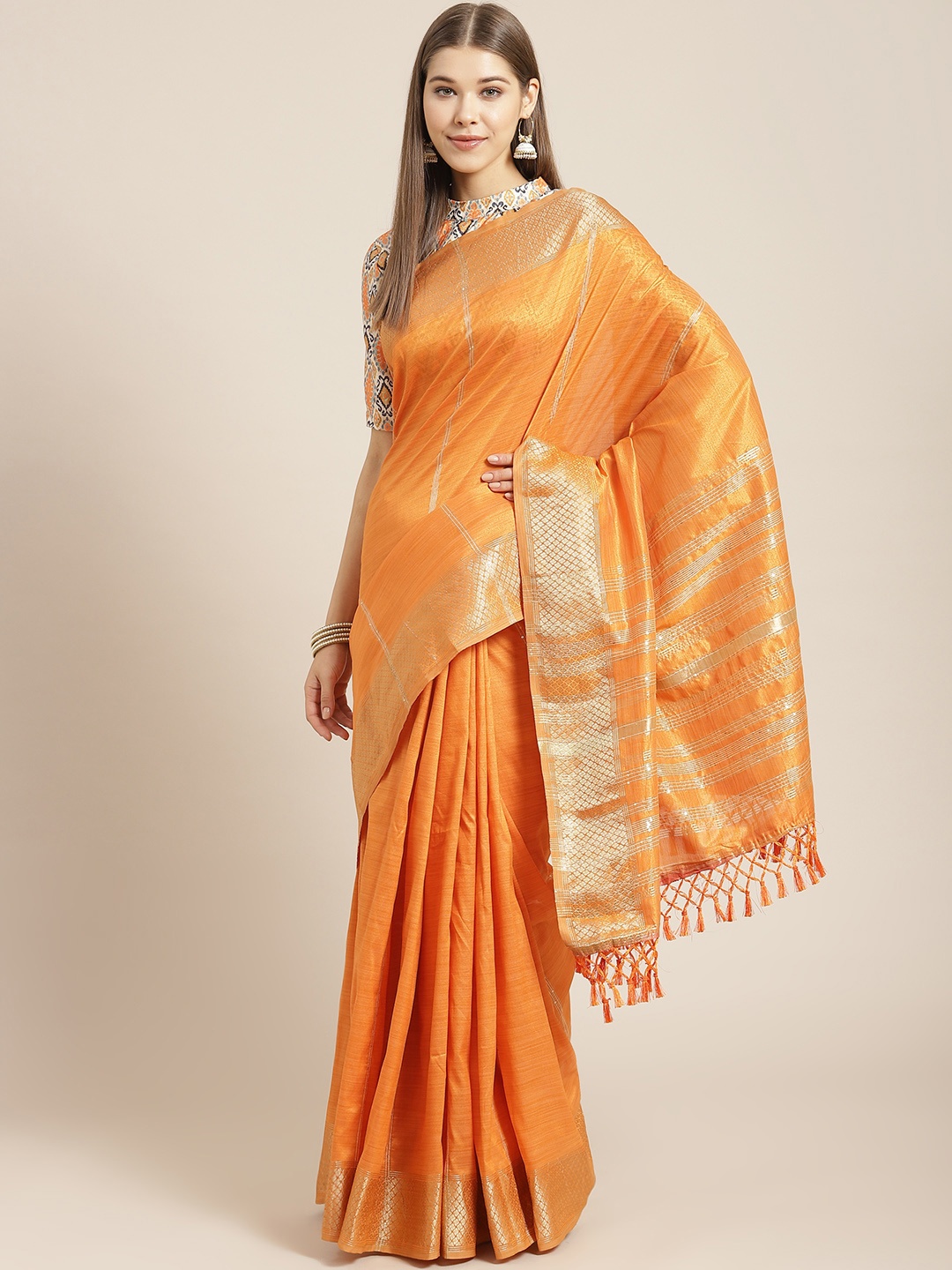 

SHANGRILA Orange & Gold Striped Woven Design Sequined Art Silk Mysore Silk Celebrity Saree