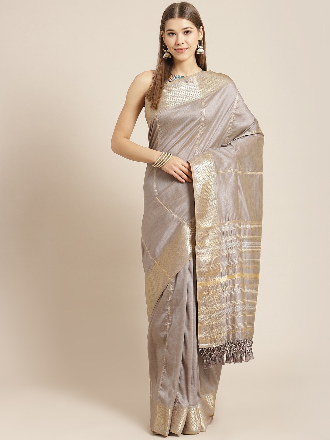 

SHANGRILA Taupe & GoldenStriped Art Silk Mysore Silk Saree