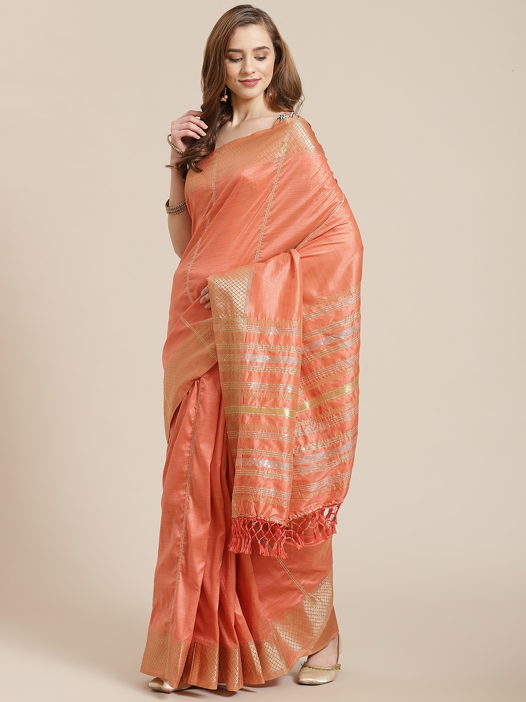 

SHANGRILA Peach-Coloured Art Silk Ready to Wear Mysore Silk Saree