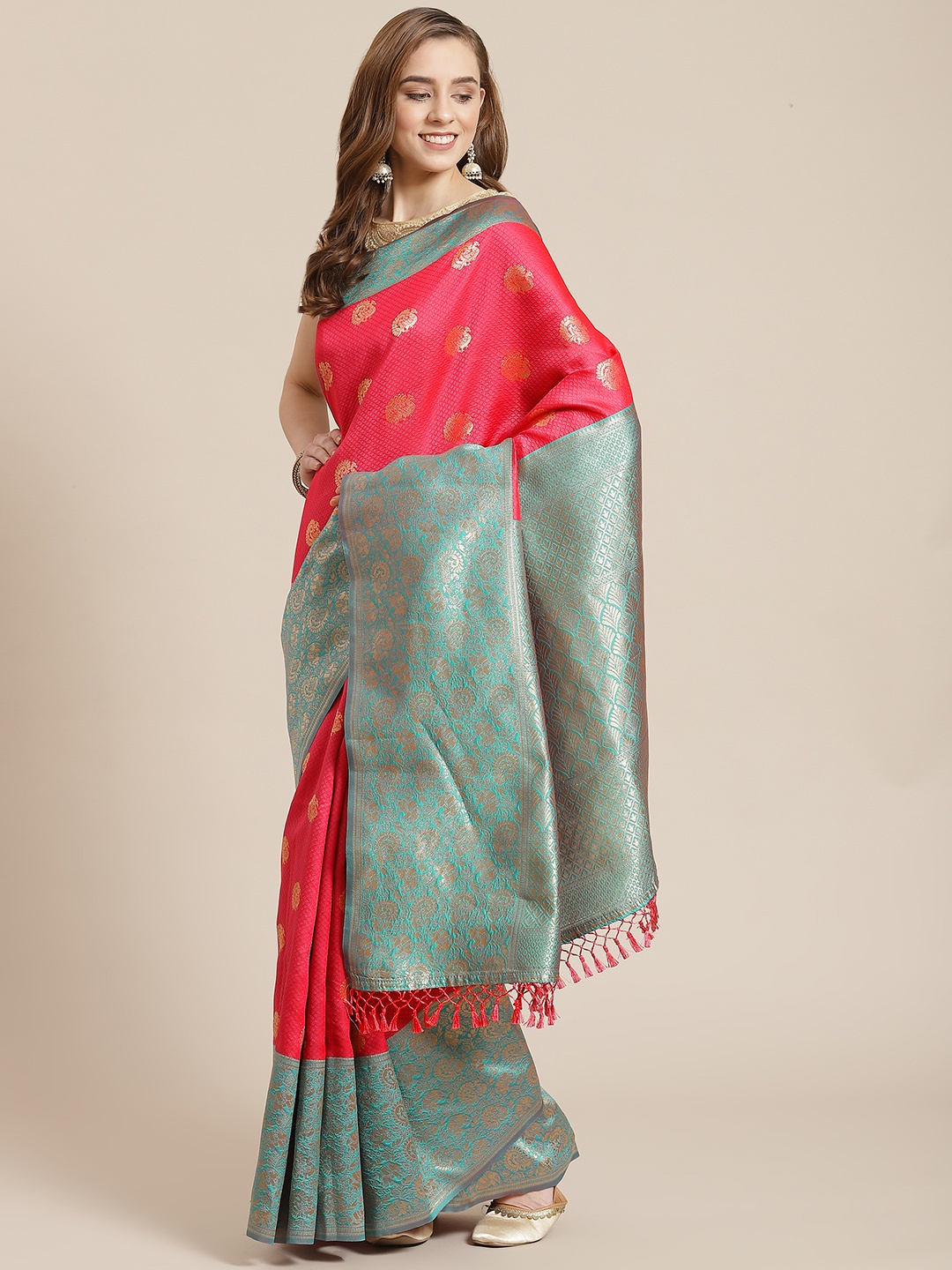

SHANGRILA Red & Golden Ethnic Woven Design Pure Silk Banarasi Saree