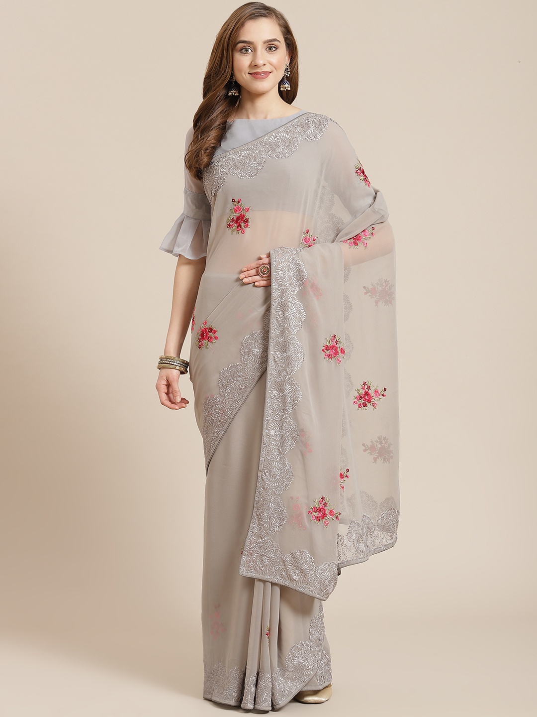 

SHANGRILA Grey Floral Embroidered Pure Georgette Saree