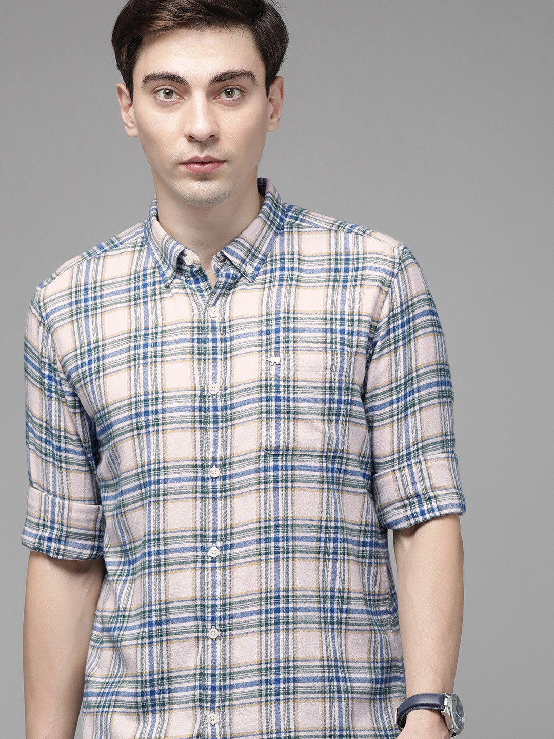 

THE BEAR HOUSE Men Cream-Coloured Slim Fit Checked Flannel Pure Cotton Casual Shirt