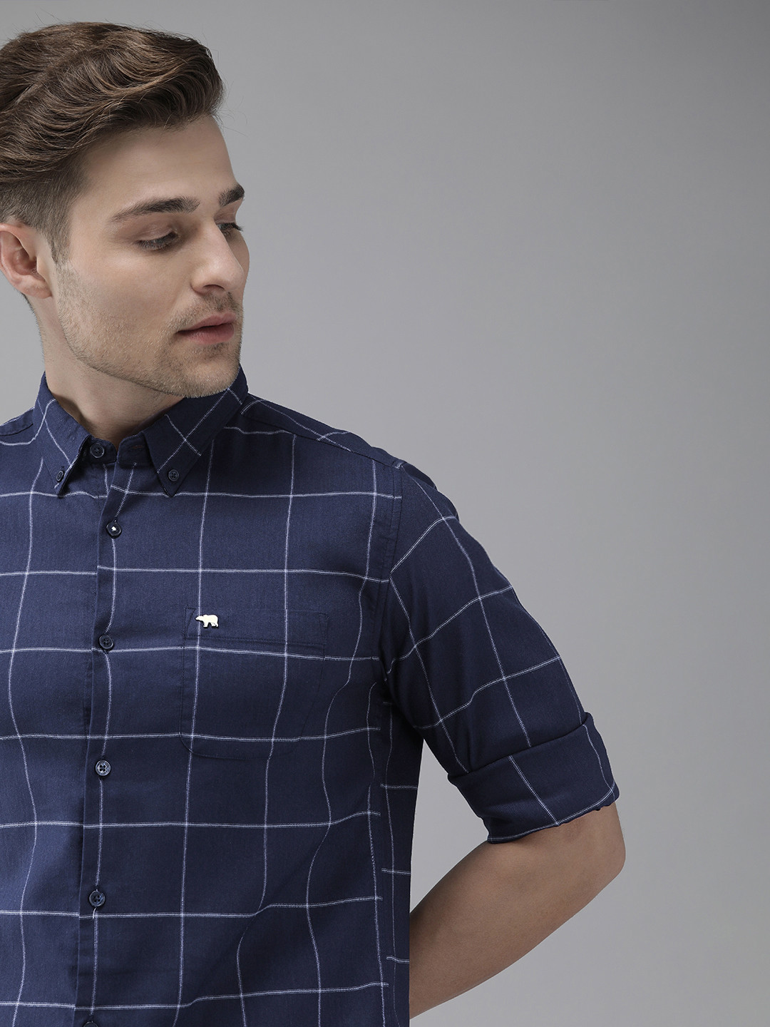 

THE BEAR HOUSE Men Navy Blue Slim Fit Windowpane Checks Opaque Cotton Casual Shirt
