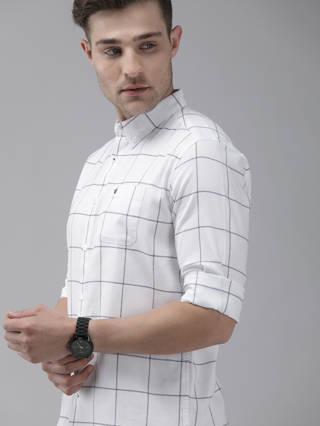 

THE BEAR HOUSE Men White Slim Fit Checked Slim Fit Cotton Casual Shirt