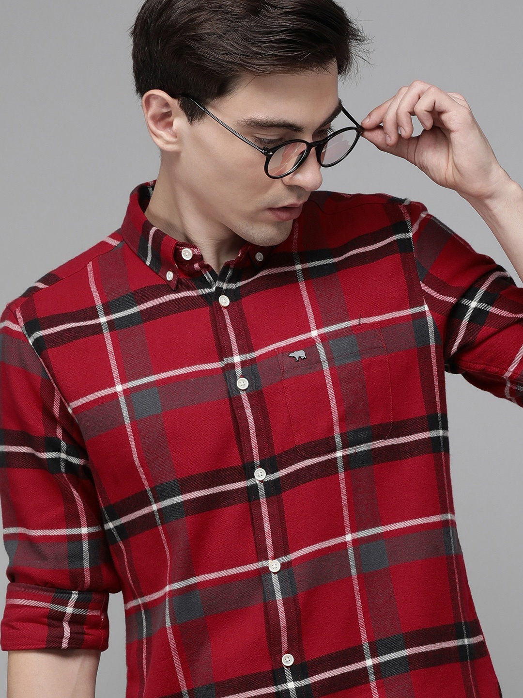 

THE BEAR HOUSE Men Red Slim Fit Pure Cotton Checked Casual Shirt