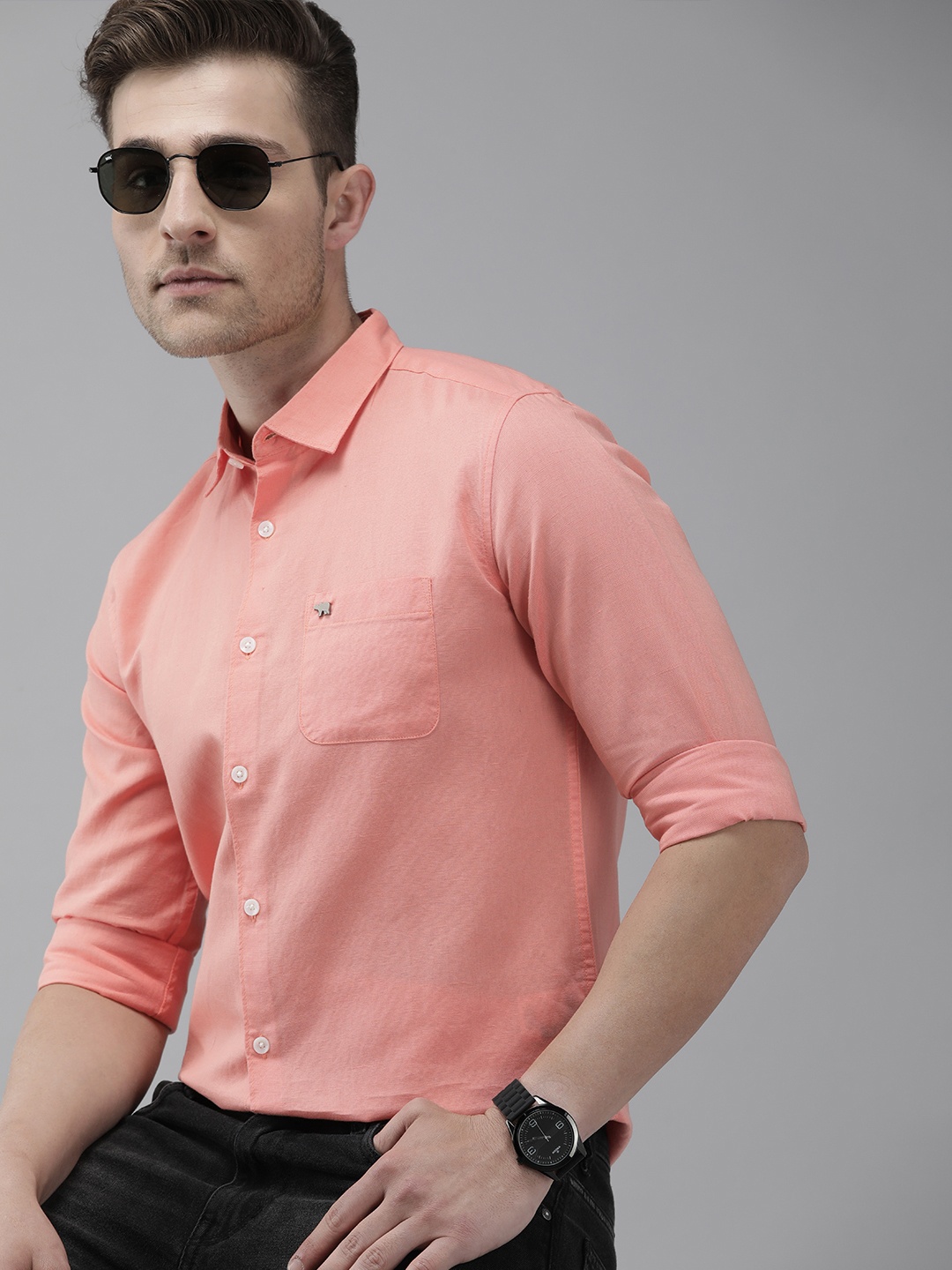 

THE BEAR HOUSE Men Peach-Pink Slim Fit Cotton-Linen Solid Opaque Casual Shirt