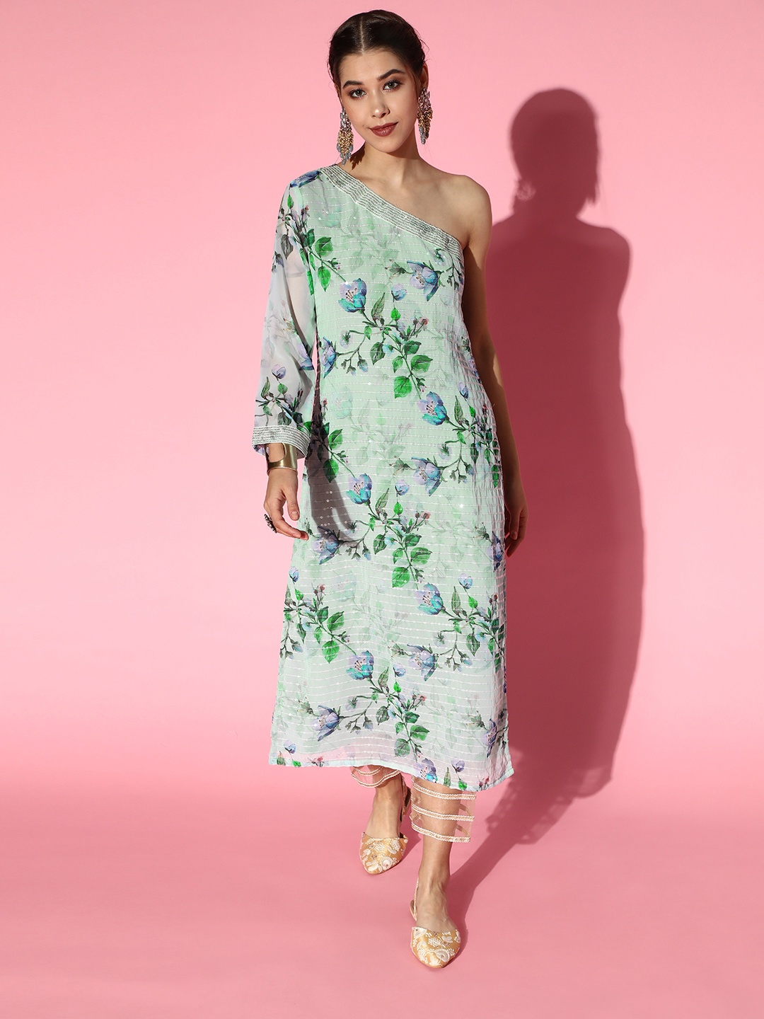 

Indo Era Floral Poly-Georgette One-Shoulder Kurta Set, Green