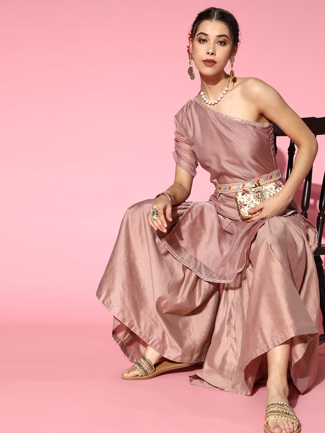 

Indo Era Solid Organza One-Shoulder Kurta Set, Mauve
