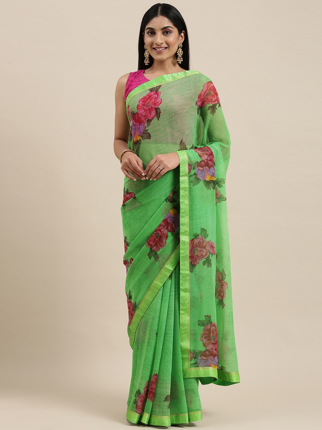 

Triveni Green Floral Pure Georgette Saree