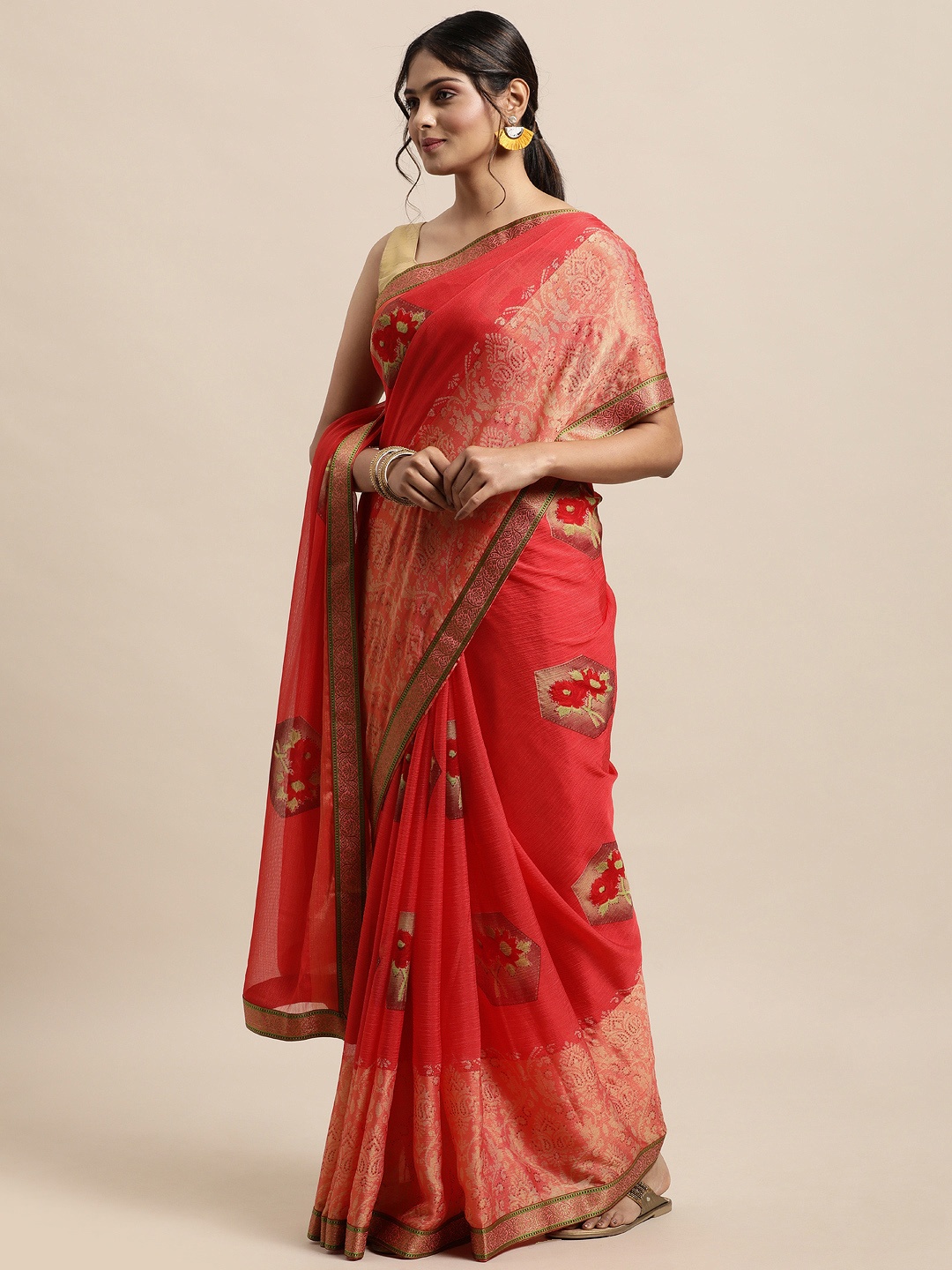 

Triveni Pink Floral Poly Chiffon Zari Saree