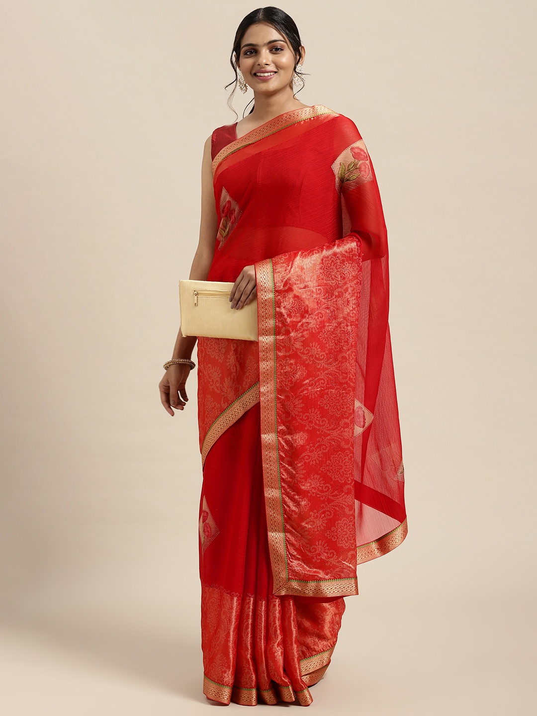

Triveni Red Floral Zari Saree