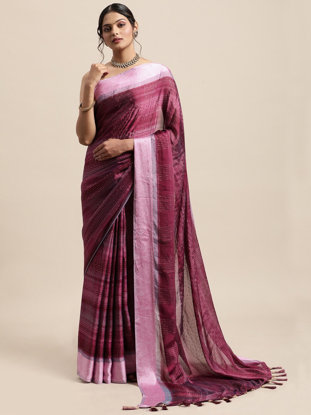 

Triveni Magenta Striped Silk Blend Saree