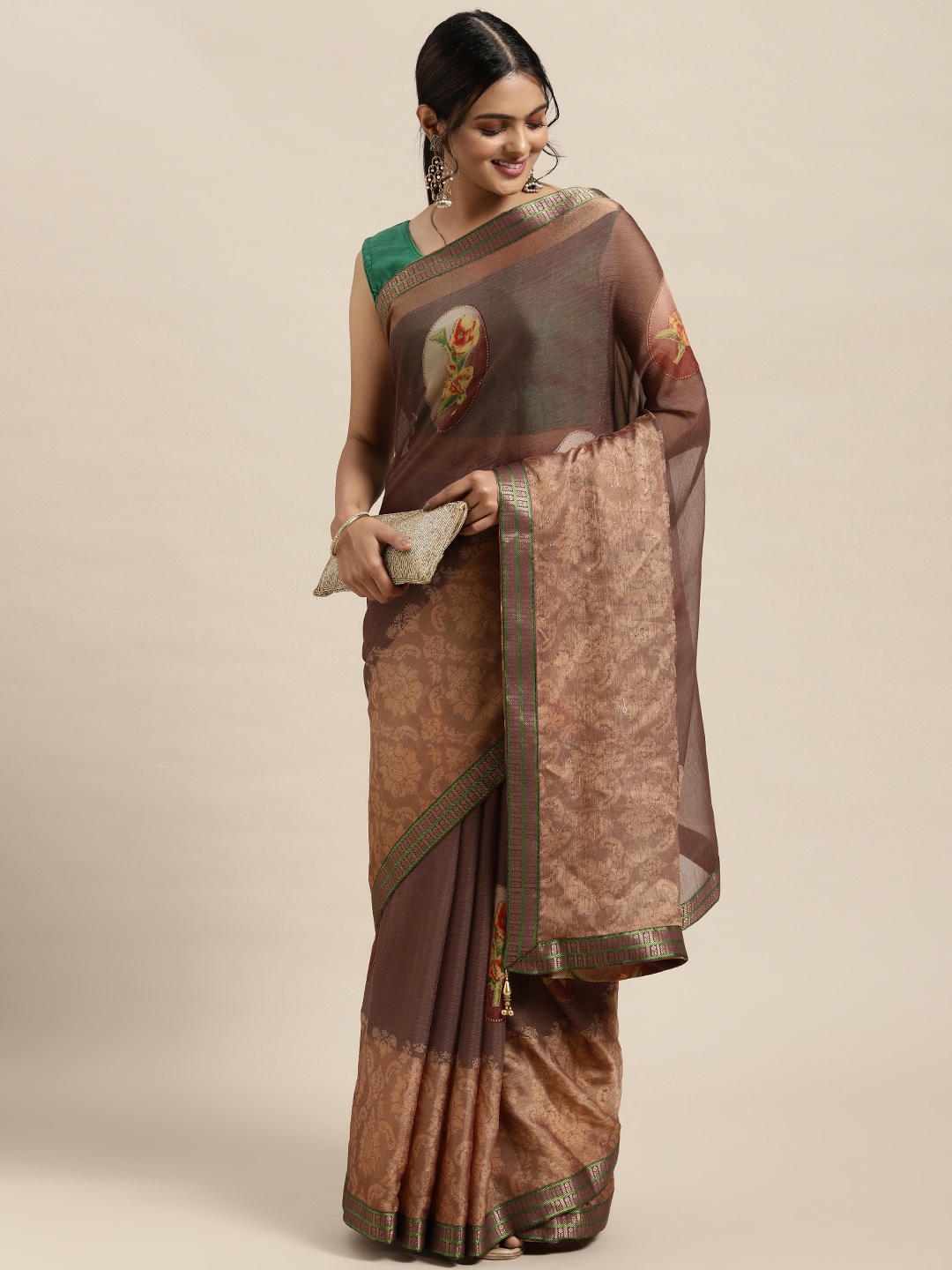 

Triveni Brown & Yellow Floral Zari Saree