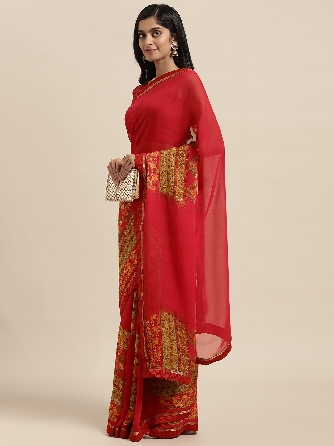 

Triveni Red Printed Poly Georgette Saree