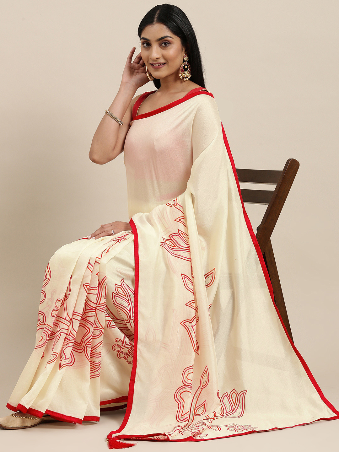 

Triveni Cream-Coloured Printed Art Silk Chanderi Saree