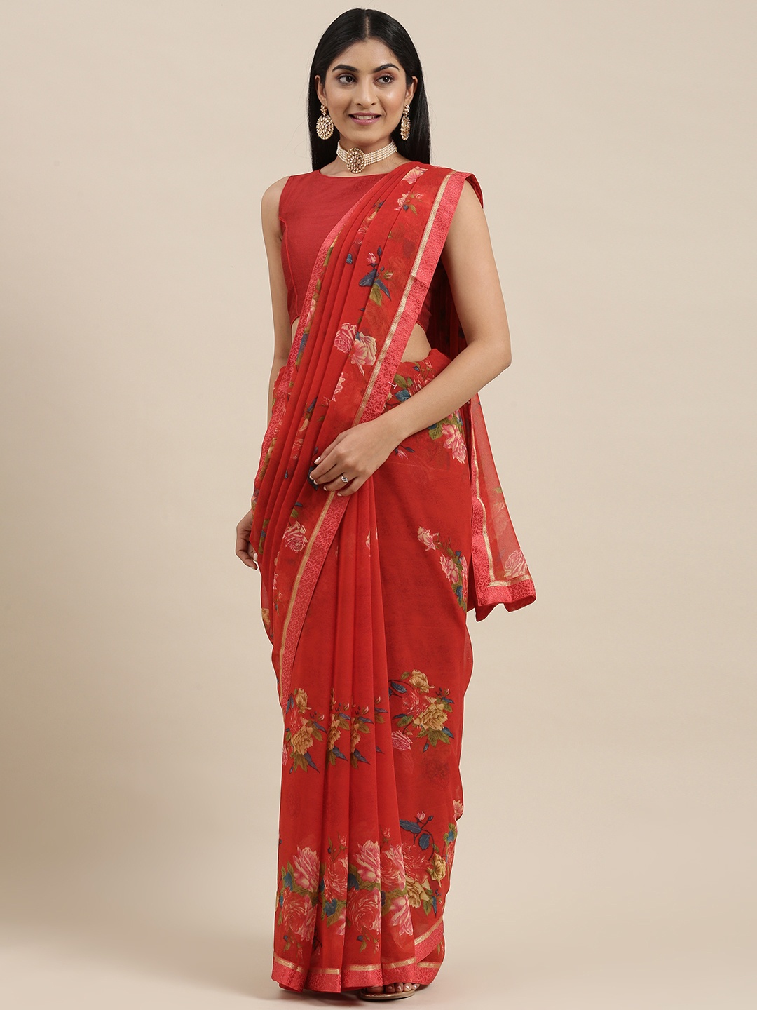 

Triveni Red Floral Pure Georgette Saree