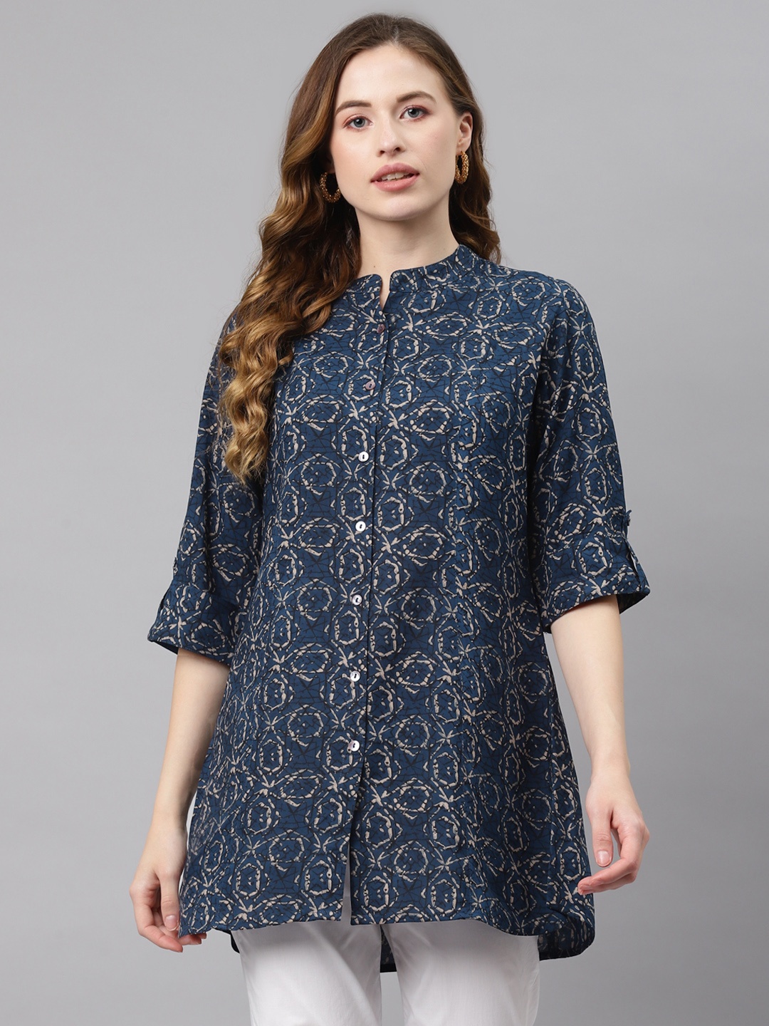 

Divena Navy Blue & Grey Print Mandarin Collar Roll-Up Sleeves A-Line Top