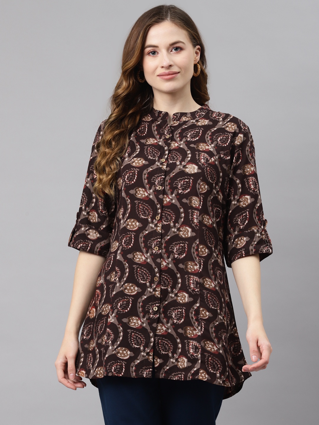 

Divena Brown & Maroon Printed Mandarin Collar Roll-Up Sleeves A-Line Top