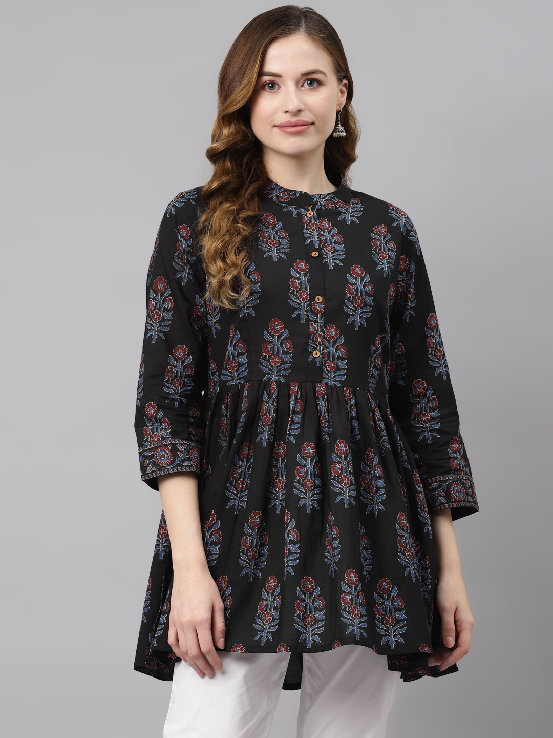 

Divena Black & Maroon Cotton Printed Mandarin Collar Roll-Up Sleeves A-Line Top