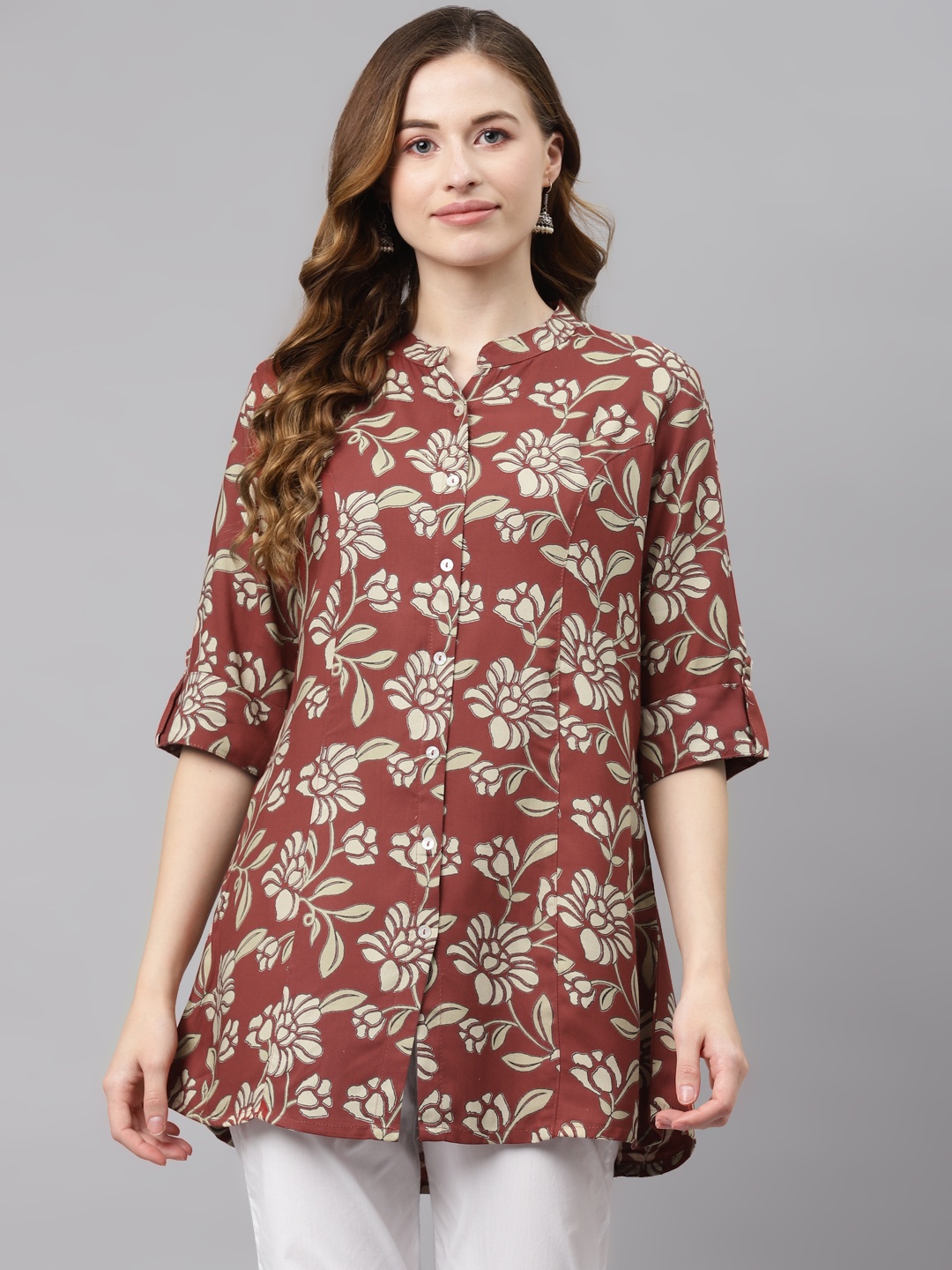 

Divena Rust & Off White Floral Print Mandarin Collar Roll-Up Sleeves A-Line Top