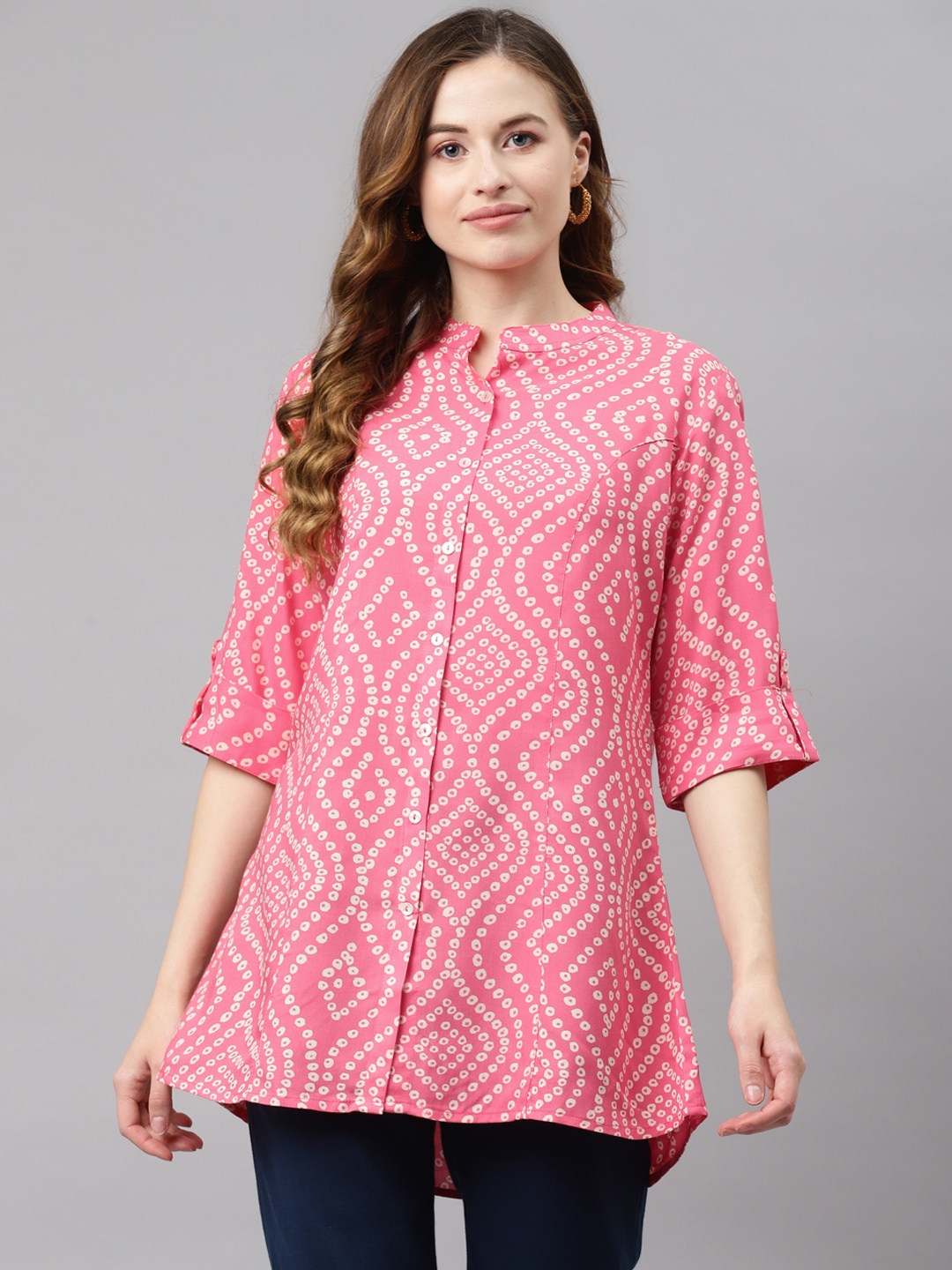 

Divena Pink & White Bandhani Print Mandarin Collar Roll-Up Sleeves A-Line Top