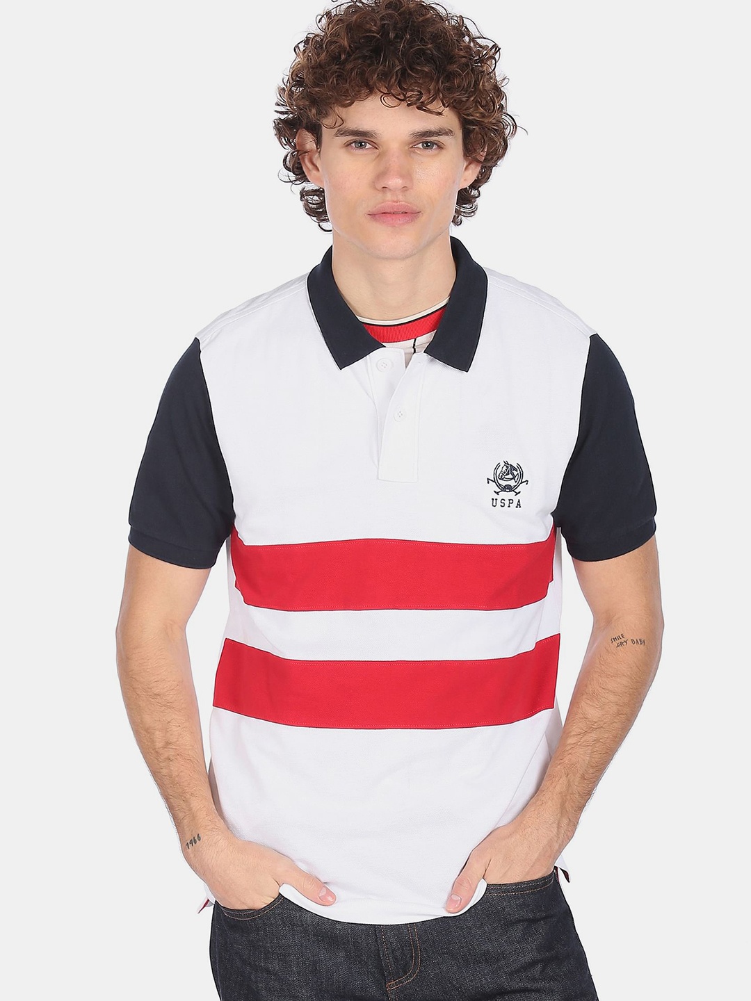 

U S Polo Assn Men White & Red Striped Polo Collar Slim Fit T-shirt