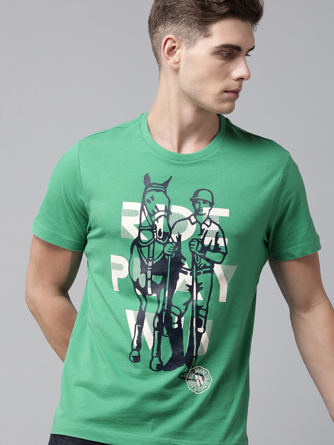 

U S Polo Assn Denim Co Men Green & Black Printed Pure Cotton Round Neck T-shirt