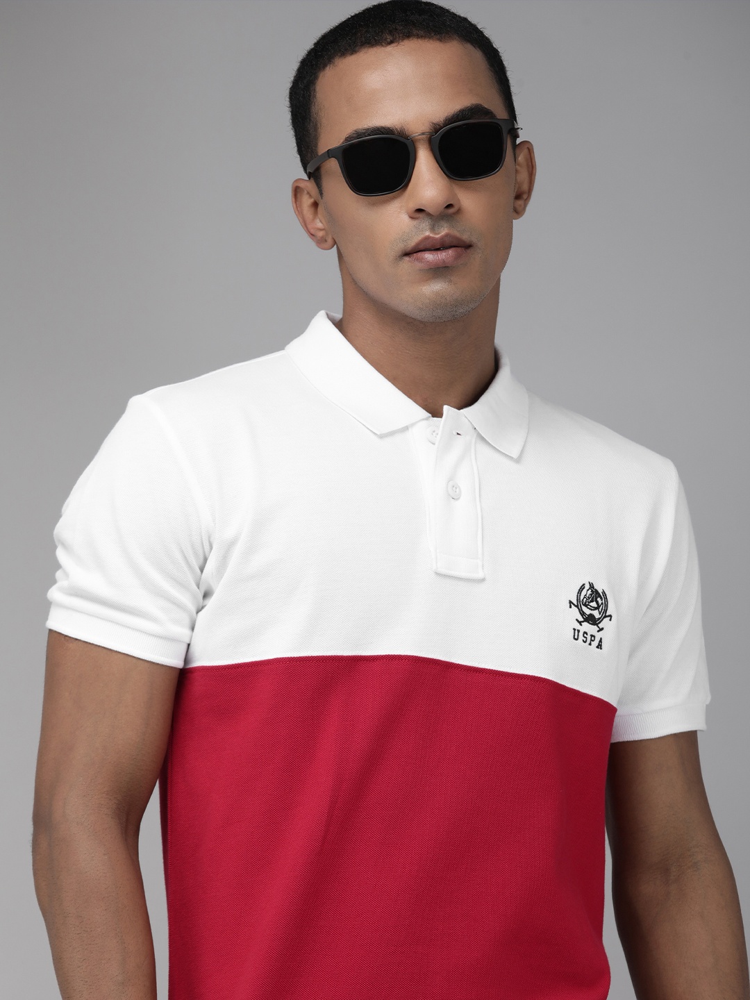 

U S Polo Assn Men White & Pink Colourblocked Polo Collar Slim Fit T-shirt