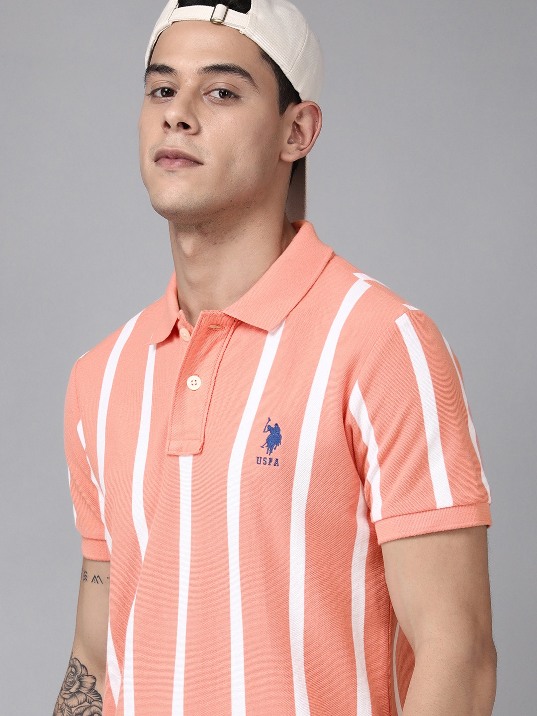 

U S Polo Assn Men Peach-Coloured & White Striped Polo Collar Slim Fit T-shirt