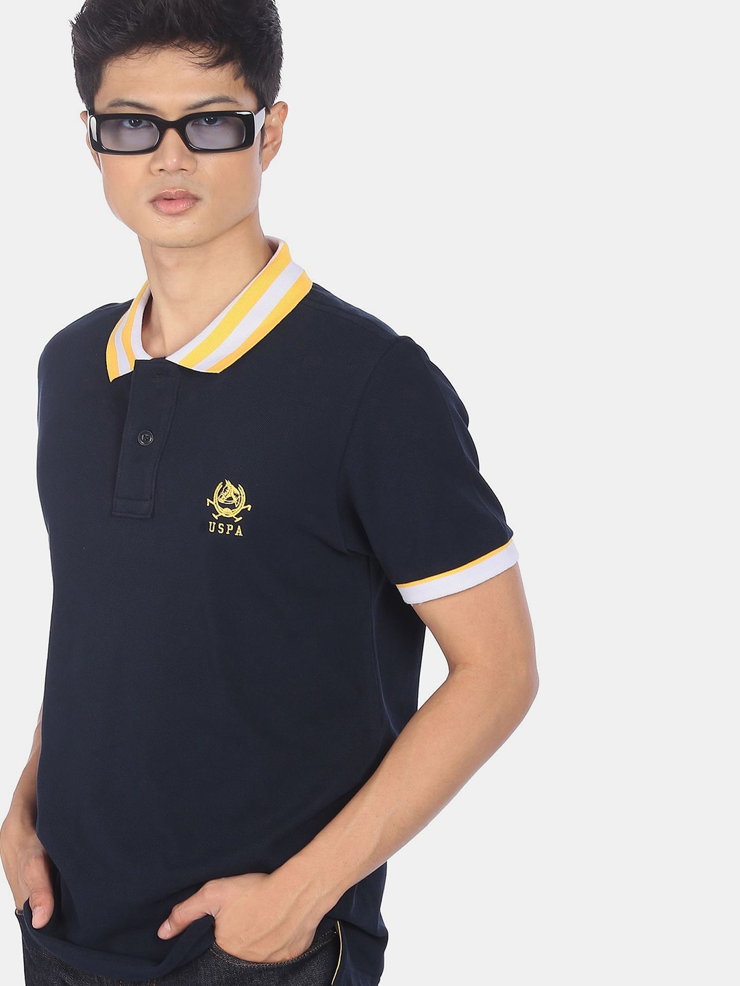 

U S Polo Assn Men Navy Blue & Yellow Polo Collar Slim Fit T-shirt