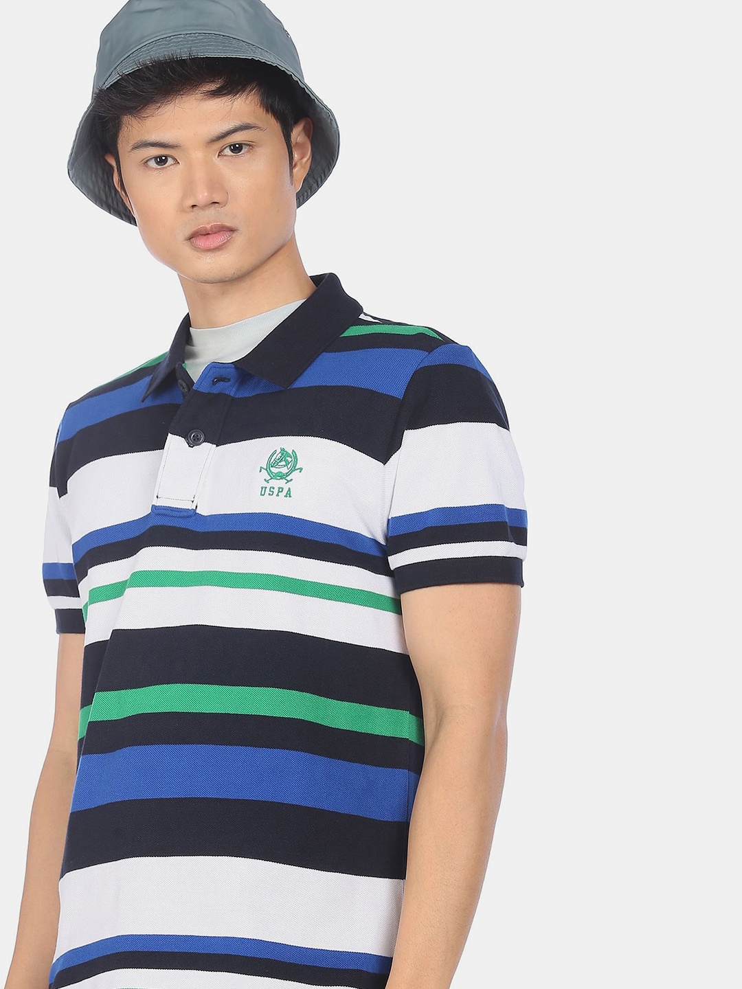 

U S Polo Assn Men White & Navy Blue Striped Polo Collar Pure Cotton Slim Fit T-shirt