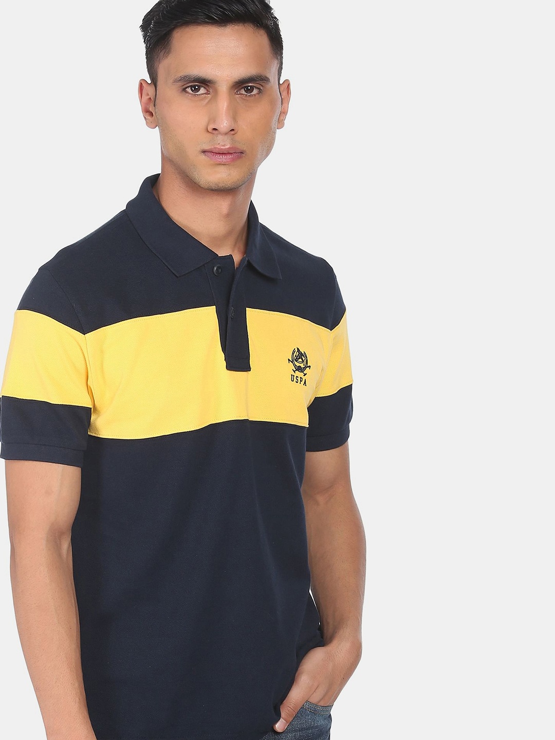 

U S Polo Assn Men Navy Blue & Yellow Colourblocked Polo Collar Pure Cotton Slim Fit T-shirt