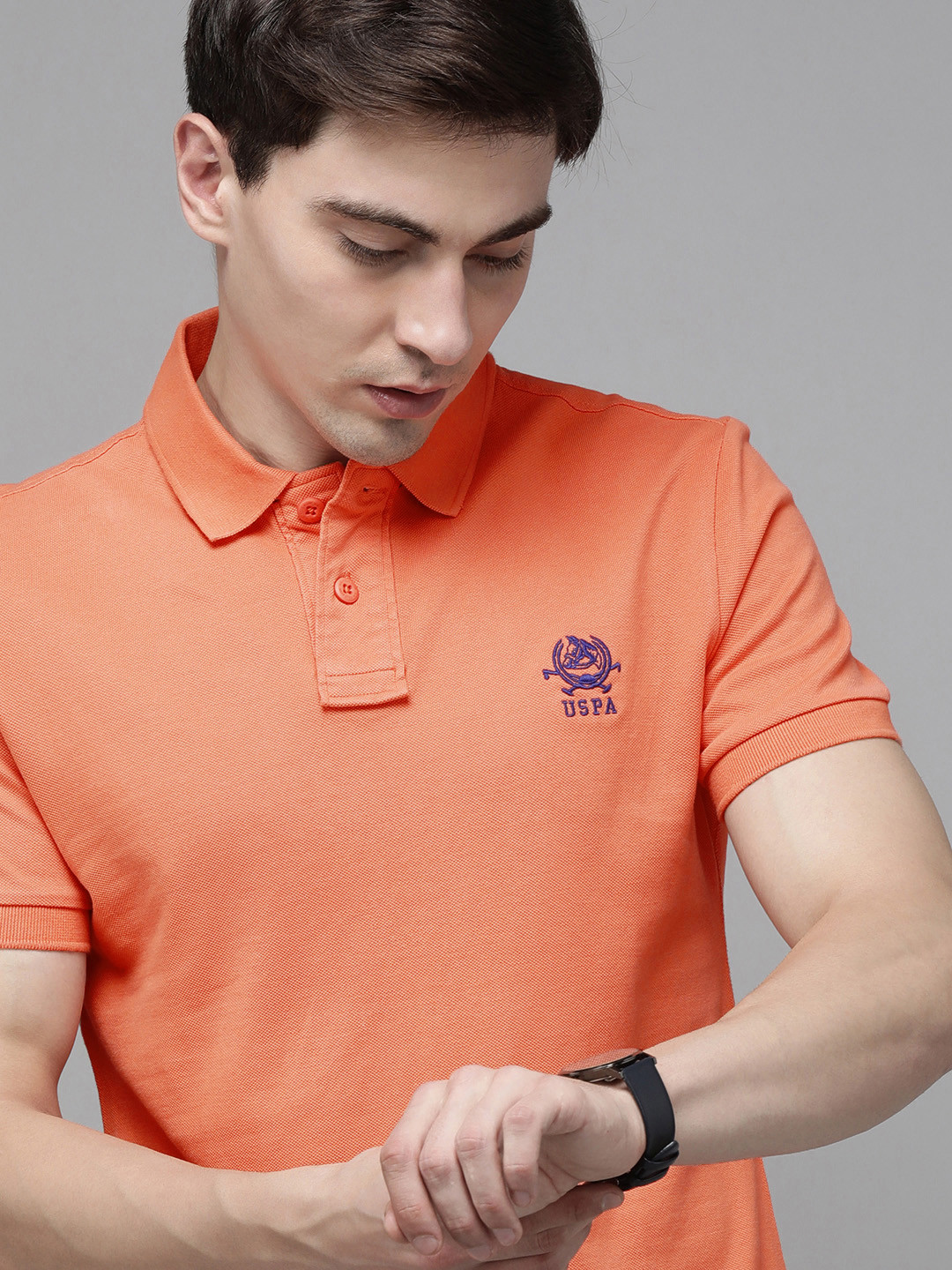 

U S Polo Assn Men Peach-Coloured Solid Polo Collar Slim Fit Pure Cotton T-shirt